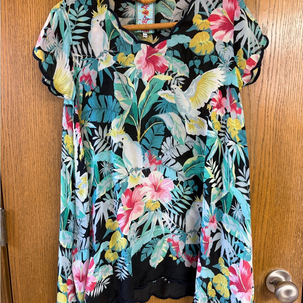 Johnny Was Plaid Dream Tropical Print Georgette Top with Scalloped Trim XS